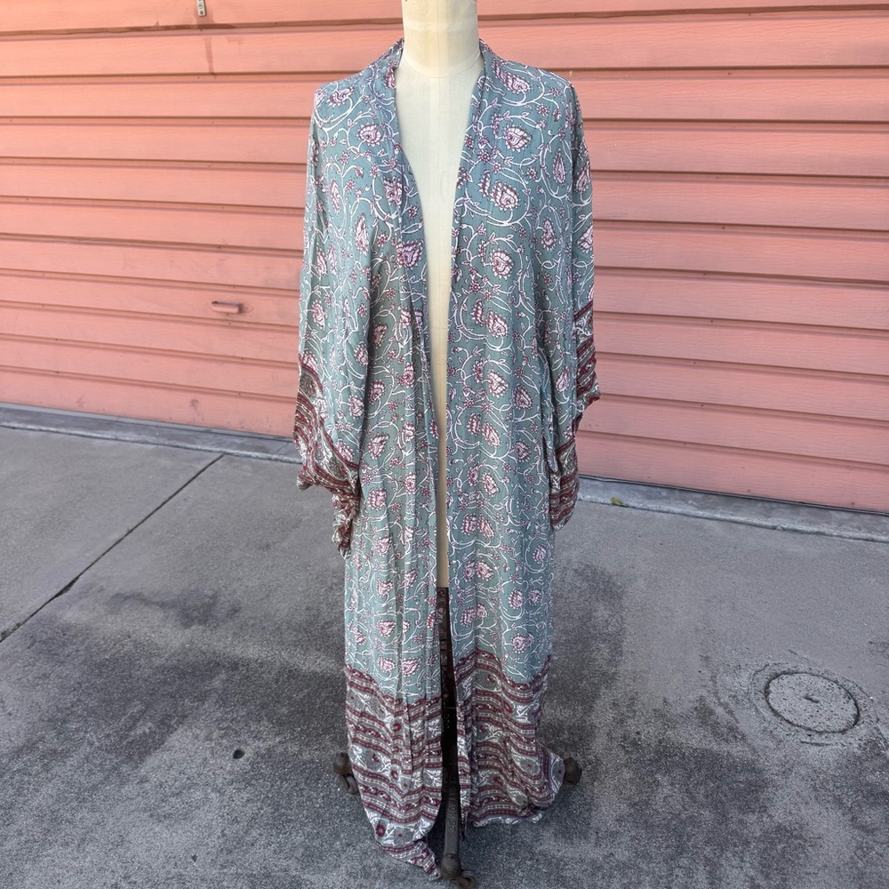 Free People Ankle Length Boho Floral Duster Kimono Teal Pink
